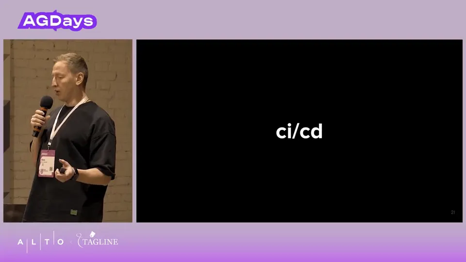 Слайд о CI/CD на докладе Ивана Ярославцева, AGDays 2025